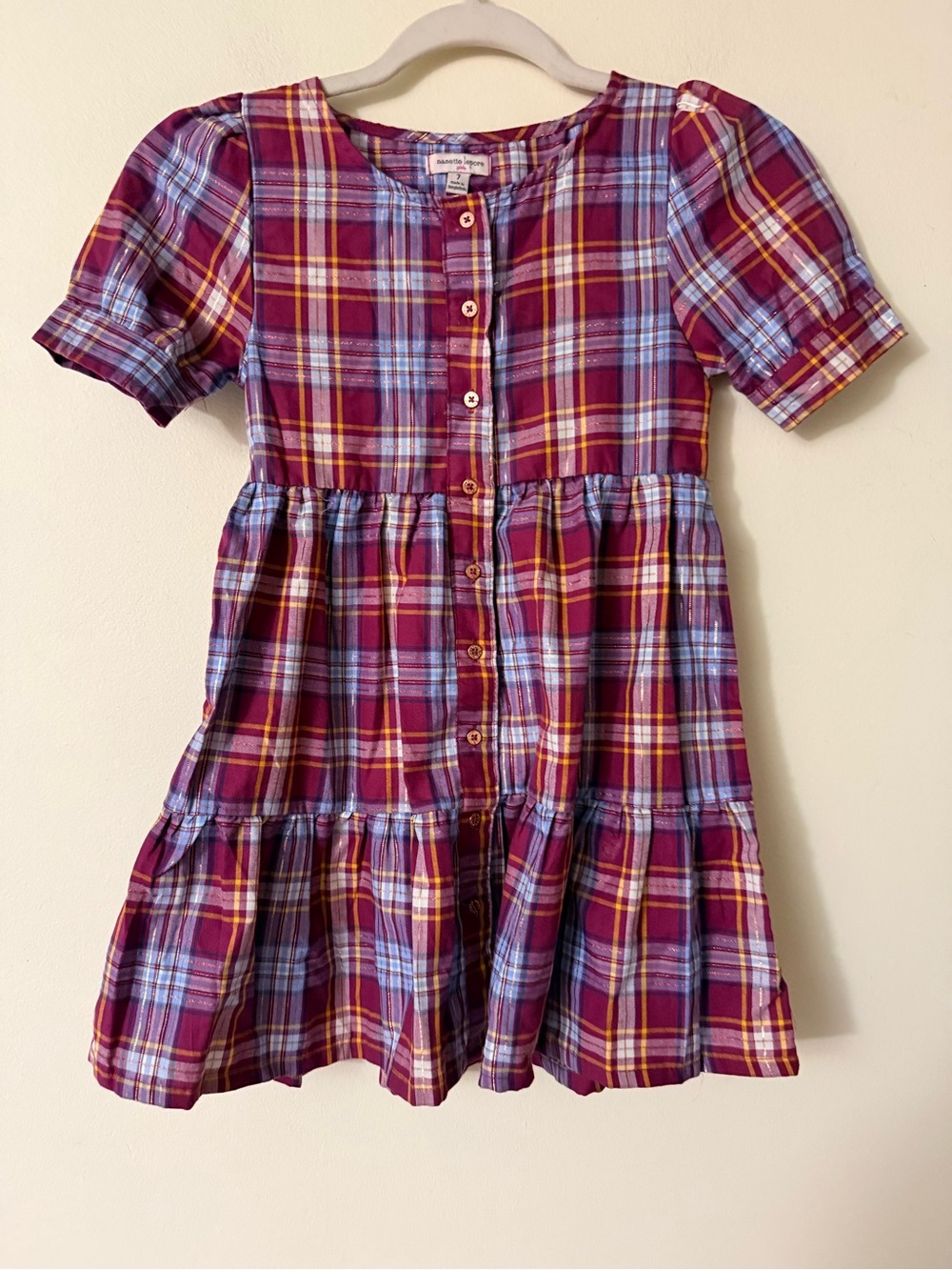 Nanette Lepore Kids Button-Front Purple Plaid Girls' Dress, sz 7